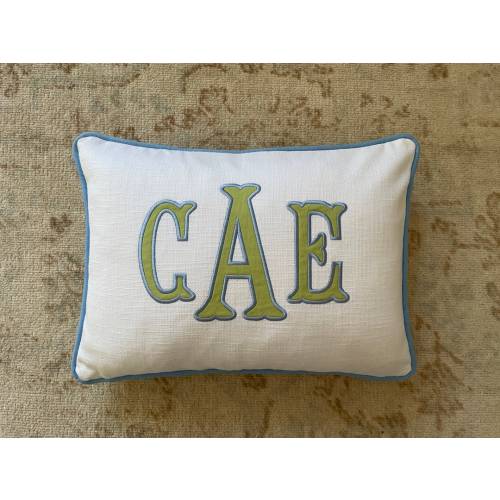 Monogrammed pillow cover, Applique initial pillow, Custom name pillow, Green blue white linen pillow