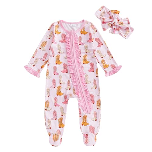Gaono Western Baby Girl Clothes Newborn Cowgirl Jumpsuit Boots Print Long Sleeve Ruffle Romper With Headband Fall Clothes