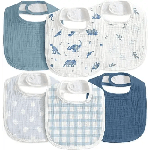 CIVARUA KIDS 6-Pack Muslin Baby Bibs for Drooling & Teething, Absorbent Bib | Soft Cotton Baby Drool Bib for Baby Boy Girl, Easy Adjustable Bibs for Toddlers, Newborn, Infants 0-36 Months Blue Dinosaur