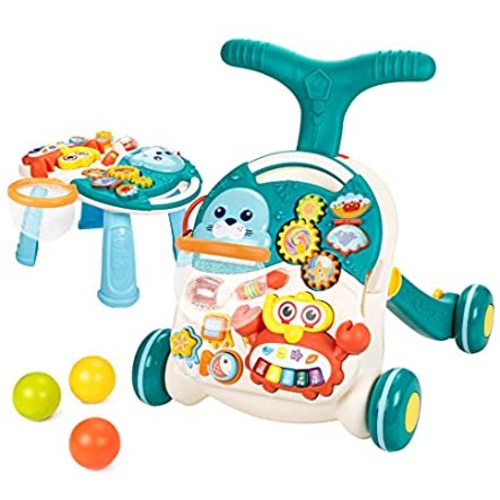 UNIH Baby Sit to Stand Learning Walkers & Activity Table, 2 in 1 Early Education Activity Center,Cute Seals Crab Musical Toys Balls for Toddlers Infant Boy Girl 9-18 Months