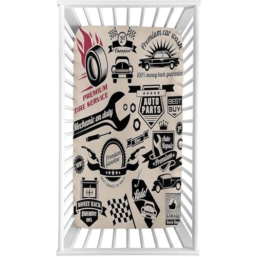 Retro Fitted Crib Sheet,Car Repair Shop Logos Monochrome Car Silhouettes Best Garage in Town Microfiber Silky Soft Toddler Mattress Sheet Fitted,28"x 52"x 8'',Baby Sheet for Boys Girls