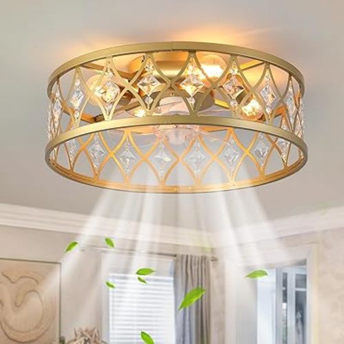 Garwarm Caged Ceiling Fan with Light,20" Ceiling Fans with Lights and Remote,Bladeless Fandelier Small Low Profile Ceiling Fan Light Fixture for Bedroom,Kitchen,Dining Room,Gold