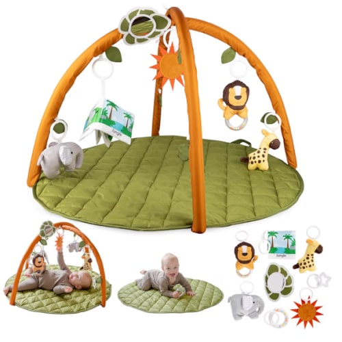 SnapPea Baby Activity Mat. Jungle Baby Play Gym Mat, Tummy Time Mat with 8 Baby Toys and Handle. Non Slip, Soft 37in Baby Play Mat. Portable Baby Gym, Infant Floor Playmat for Playroom, Nursery
