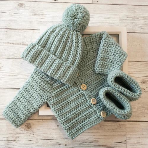 Handmade Crochet Unisex Baby Cardigan with Ribbed Beanie Hat and Booties, Pompom baby beanie, Toddler cardigan and hat, preemie - 2 year old