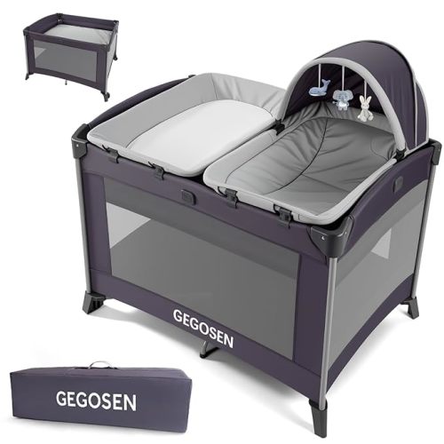 Portable Baby Playard 4 in 1 Design, Foldable Baby Playpen with Removable Bassinet, Canopy and Changing Table, Infant Playrad, Nursery Center Travel Crib (Toys Not Included)