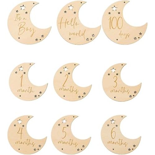9-Piece Wooden Infant Achievement Marker Cards, Moon Number Letter Design, Photo Props for Newborn Photography, Boys Edition