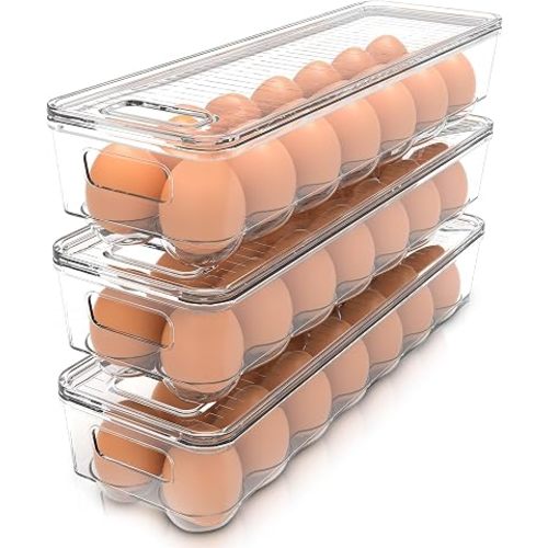 Utopia Home Egg Container With Lid and Handle for Refrigerator - Pack of 3 - Clear Stackable Egg Holder for Kitchen Storage and organization