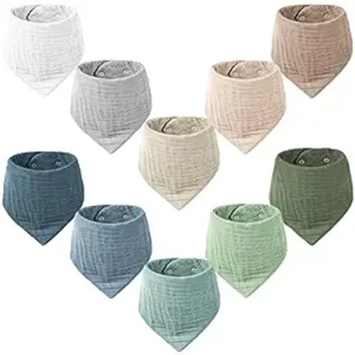 Konssy Muslin Baby Bibs 10 Pack Baby Bandana Drool Bibs 100% Cotton for Unisex Boys Girls,10 Solid Colors Set for Teething Drooling