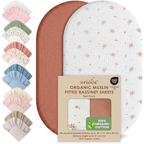 100% Organic Cotton Muslin Baby Bassinet Baby Sheet 33 X 17 Inch Soft Breathable Lightweight Stretchable Bed Sheet 2 Pack Gentle On Skin Durable Snug Fit Sheet for Newborn Bassinet Mattress