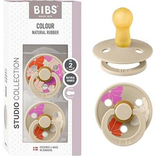 BIBS Pacifiers - Colour Studio 2 Pack | Round Nipple Baby Pacifier | BPA Free Natural Rubber Latex Soother | Made in Denmark | Size 6+ Months | Morning Bloom Vanilla