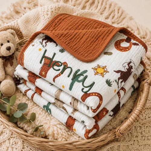 Personalized Cowboy Baby Blanket, Embroidered Muslin Baby Blanket, Western Baby Gift, Custom Baby Name Blanket, Boy Nursery