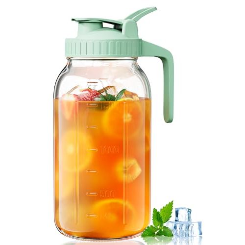 64 oz Glass Pitcher with Lid, Large Wide Mouth Mason Jar Pitcher with Pour Spout, Green Sun Tea Glass Jar for Outside, Drink Pitcher Great for Drink, Cold Beverages and Breast Milk