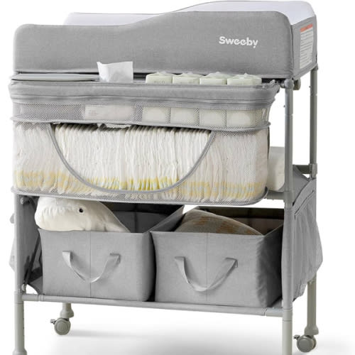 Sweeby Portable Baby Changing Table, Foldable Changing Table Dresser Changing Station for Infant, Waterproof Diaper Changing Table Pad Topper, Mobile Nursery Organizer for Newborn Essentials,LightGrey
