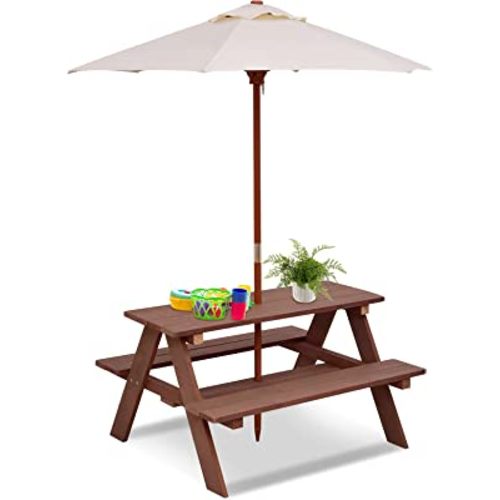 HONEY JOY Kids Picnic Table, Outdoor Wooden Table & Bench Set w/Removable Umbrella, Children Backyard Furniture for Patio Garden, Toddler Picnic Table for Outdoors, Gift for Boys Girls, Walnut