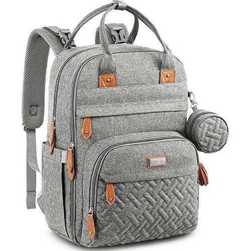 Diaper Bag Backpack, BabbleRoo Baby Nappy Changing Bags Multifunction Waterproof Travel Back Pack with Changing Pad & Stroller Straps & Pacifier Case, Unisex and Stylish (Gray)