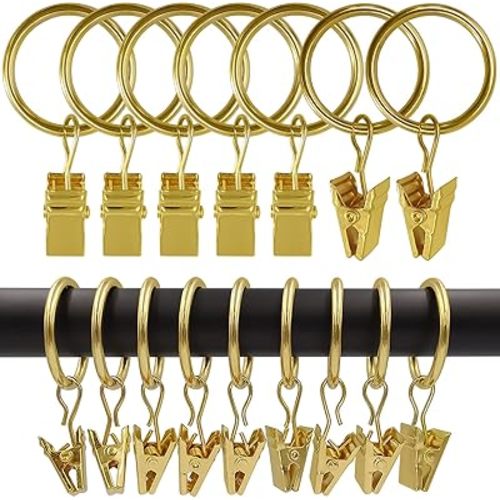100 Pack Curtain Rings with Clips, Curtain Clip Rings Hooks, Bow Hanger Clips for Hanging Drapery Drapes Bows, Ring 1 inch Interior Diameter, Fits up to 5/8" Rod, Gold