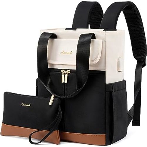 LOVEVOOK Backpack Purse for Women, Convertible Mini Backpacks Tote for Teen Girls, Small College Bookbag for Work, School, Travel, 2pcs set, Black-Cream
