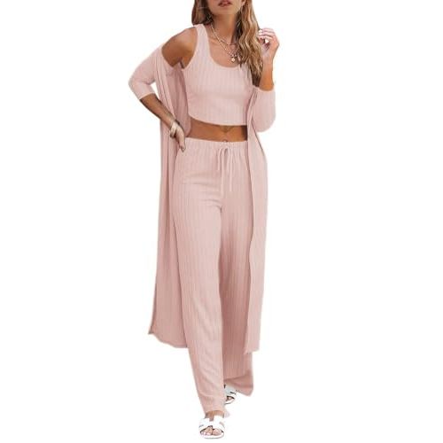 Fessceruna Womens 3 Piece Lounge Sets Pajamas Knit Long Sleeve Cardigan Crop Top Wide Leg Pants Loungewear Set
