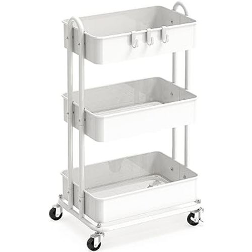 Simple Houseware Heavy Duty 3-Tier Metal Utility Rolling Cart, White