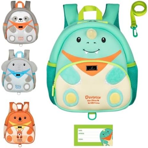 BabbleRoo Toddler Backpack, Kids Backpack - Light & Comfortable, Water Resistant Neoprene, Backpack Leash for Toddlers 1-3, Reflective Strips for Visibility, Animal Backpack, Donnie the Dino