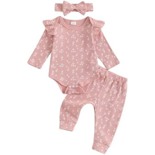 Hnyenmcko Newborn Baby Girl Fall Outfits Rib Frill Long Sleeve Ruffled Romper Solid Pants Headband Set 3Pcs Winter Clothes