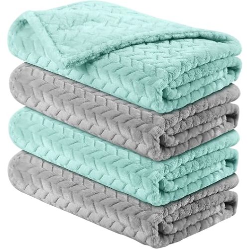 Chumia 4 Pcs Baby Blanket Flannel Cozy Throw Fuzzy Soft Warm Blanket for Newborn Sherpa Fluffy Crib Swaddling Supplies Birthday Baby Shower(24 x 32 Inch,Light Gray, Lake Green)