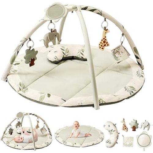 Fortella Baby Play Gym & Activity Mat, Tummy Time Mat w 5 Detachable Toys and Pillow, Large Sensory Playmat for Floor, Newborn Infant Baby Essentials Shower Gift 0-3-6-9-12 Months (Sage Green)