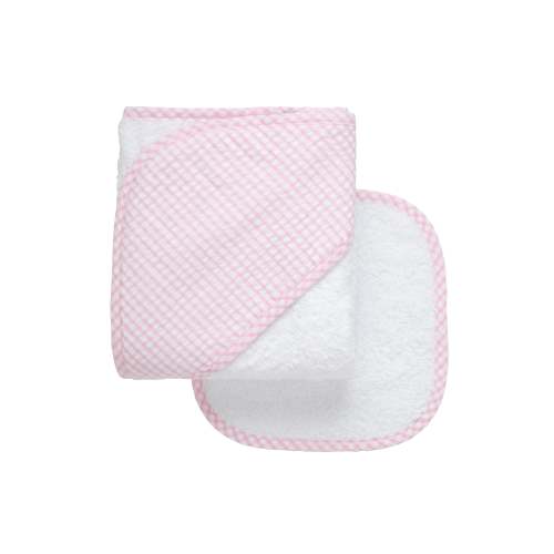 Big Check Baby Hooded Towel & Washcloth Set, Pink