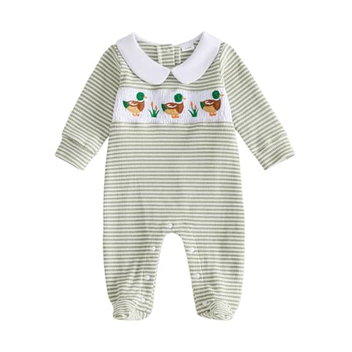 Bagilaanoe Fall Newborn Baby Boy Footie Romper Collared Football/DuckJumpsuit Footed One Piece Clothes Waffle Knit Outfit