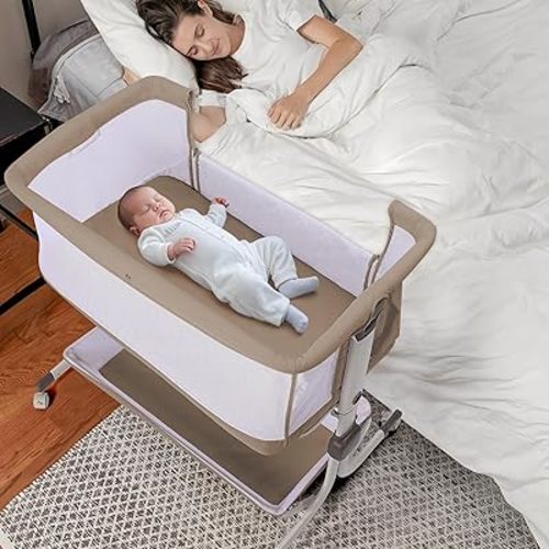Baby Bassinet Bedside Sleeper, Upgraded Stability Bedside Crib with Full Mesh Sides, Soft Sheet, 6-Height Adjustment, Storage Basket, Easy Folding Portable Bassinet for Newborns,Camel
