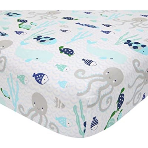Lambs & Ivy Oceania 100% Cotton Fitted Crib Sheet - White with Blue Nautical/Aquatic Fish and Octopus