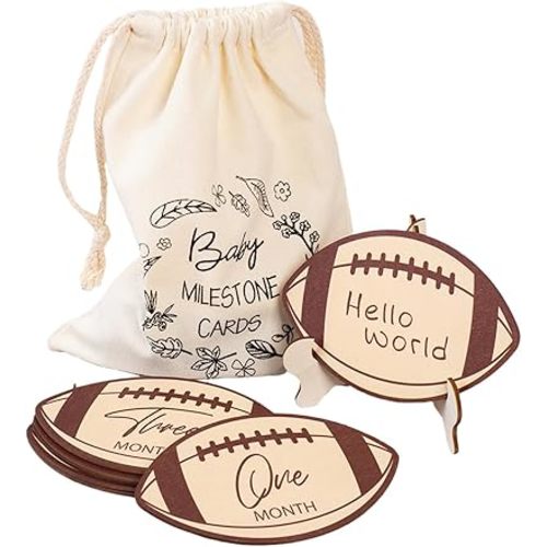 Wood Football Theme Baby Milestones Markers Discs with Stand and Bag Set for New Parent to Celebrate Every Growth Moment
