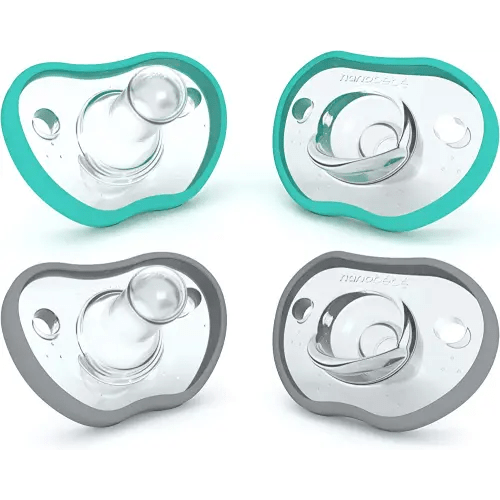 Nanobebe Baby Pacifiers 0-3 Month - Orthodontic, Curves Comfortably with Face Contour, Award Winning for Breastfeeding Babies, 100% Silicone - BPA Free. Baby Registry Gift 4pk,Teal/Grey