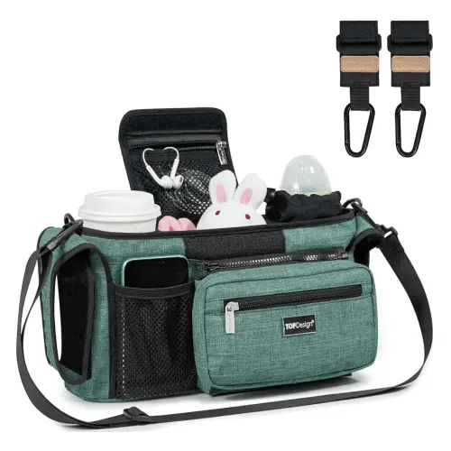 TOPDesign Universal Baby Stroller Organizer, Stroller Caddy with Heightened Insulated Cup Holders & Non-Slip Secure Hooks Accessories, Fits Most Strollers, Machine Washable (Green)