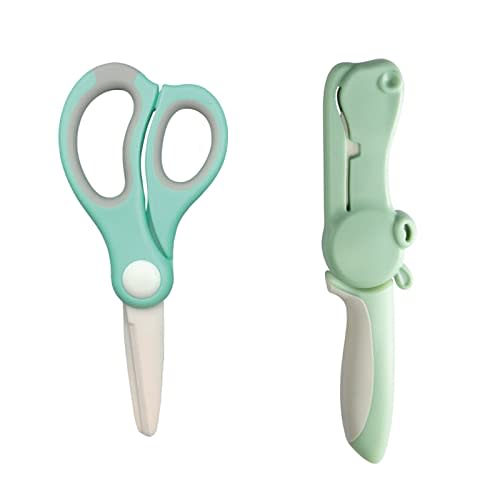 DAMPEN Ceramic Scissors with Ceramic Knife Sets Soft-grip Handles,Safety Healthy ,Kitchen Scissors for Baby Food Kids Food (LIGHT GREEN)