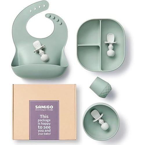 SAMiGO Silicone Baby Feeding Set, Suction Plate Bowl Set, Self Feeding Spoons, Bib, Cup, Baby Led Weaning Supplies, First Stage Feeding Essentials, Food Eating Utensils, 6+ Months