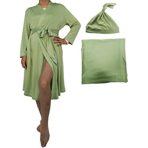 SUFEINI Maternity Robe and Matching Baby Swaddle Blanket Set, Mommy Robe with Receiving Blanket Girls Boys Sleepwear