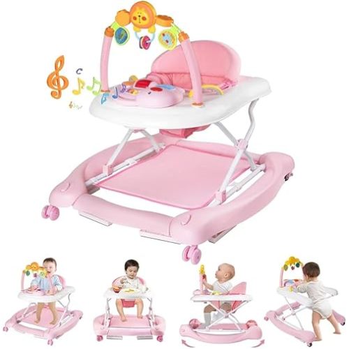 Baby Walker with Wheels, 5 in 1 Baby Walkers for Boys Girls 6-12 Months, Foldable Walker Baby with Bouncer & Feeding Tray, Music, Adjustable Heights