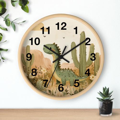 Clock Featuring a Baby Dinosaur Wandering Through Desert Cactus Field