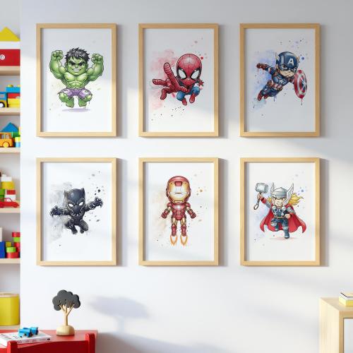 Superhero Wall Art Prints Set of 6 | Hulk Spider-Man Captain America Black Panther Iron Man Thor | Kids Room Nursery Decor Posters