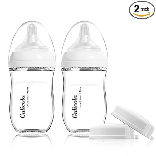 Gulicola Natural Glass Baby Bottle for Breastfeeding Babies, Newborn Anti-Colic Bottle Set with Slow Flow Nipple, 0-3 Months, 5 oz, 2 Pack - White