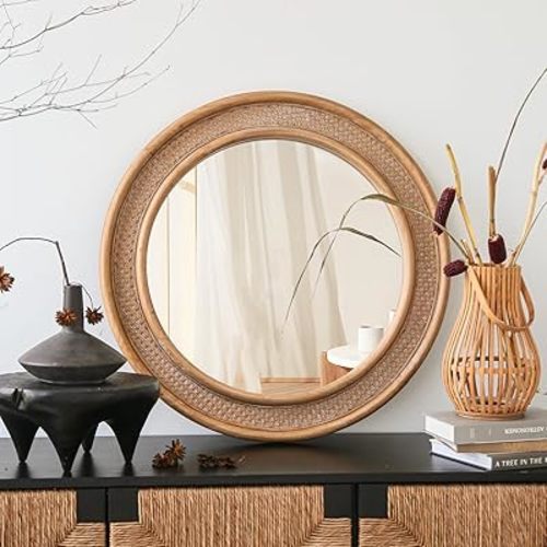 Micasso Round Rattan Wall Mirror, 30" Purely Handmade Rustic Wood Farmhouse Boho Style Wall Mirror for Wall Décor, Living Room, Bathroom and Entryway