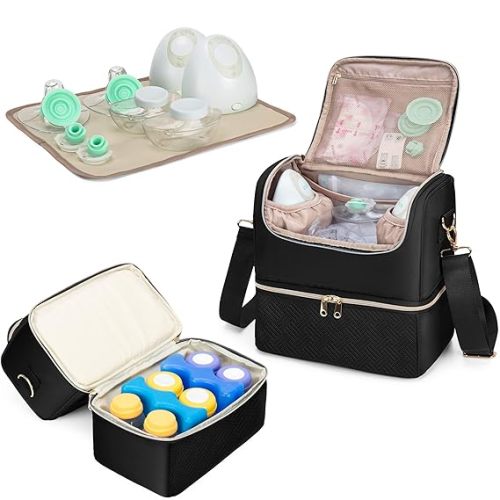 Breast Pump Bag with Cooler Compartment Compatible with Momcozy, Medela and Willow Hands Free Pump, Pumping Tote with Waterproof Mat, Black
