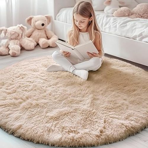 OLANLY Beige Round Rugs for Bedroom - Machine Washable, 5x5 Feet Circle Area Rugs for Living Room, Soft and Fluffy Shaggy Carpet for Teen Girls and Boys, Dorms, Nursery Rooms, Home Decor Aesthetic