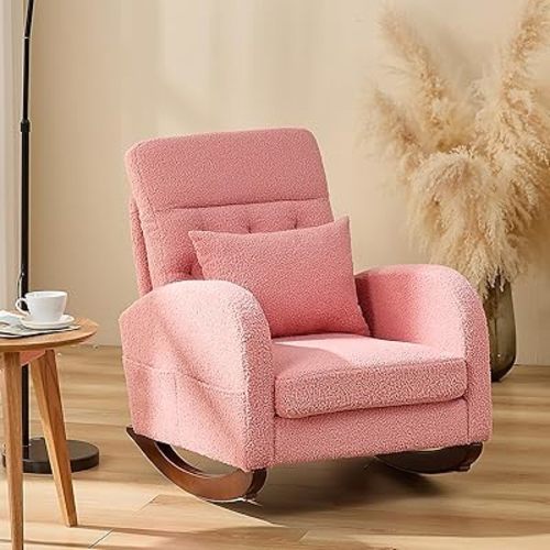 Rocking Chair Nursery, Upholstered Comfortable Nursery Rocking Chair, High Back Living Room Chair with Side Pocket & Rubber Wood Legs, Ideal for Bedroom & Baby Nursery (Pink)
