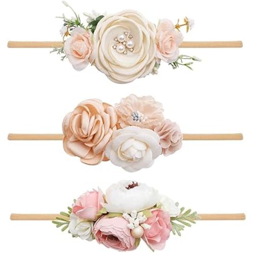 Baby Girl Headbands Nylon Flower Elastic Hairbands 3pcs Hair Accessories Gift for Newborn Infant Toddlers