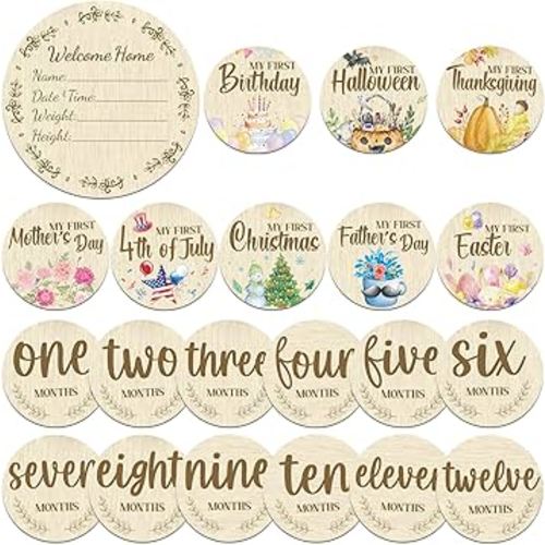 Threetols 11PCS Wooden Baby Monthly Milestone Cards Sign, Double Sided Newborn Photography Prop Pregnancy Journey Baby Growth Monthly Milestone Wood Discs Baby Shower Gifts