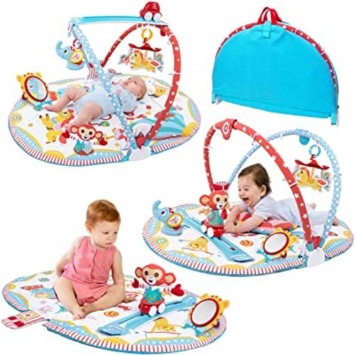 Circus Baby Playmat Gym. with Musical Motorized Mobile, Tummy Time Pillow, Mirror, and Newborn Textured Animal Figures. Infant Activity for 0-12 Month.