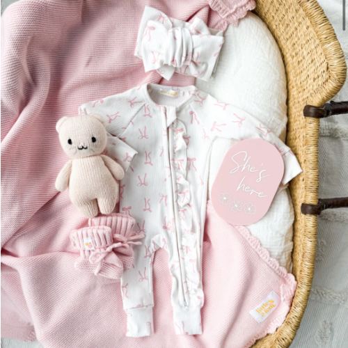 Frill Zip Romper | Pink Bows Rib – Little and Fern