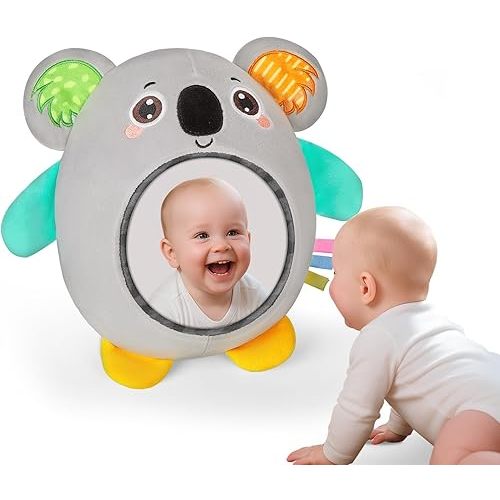FIOBEE Tummy Time Toys Baby Mirror Tummy Time with Crinkle & Jingle Sounds Large Baby Sensory Toys for Infant Ages 0 3 6 Months and Up Newborn Training Essentials, Gray Koala